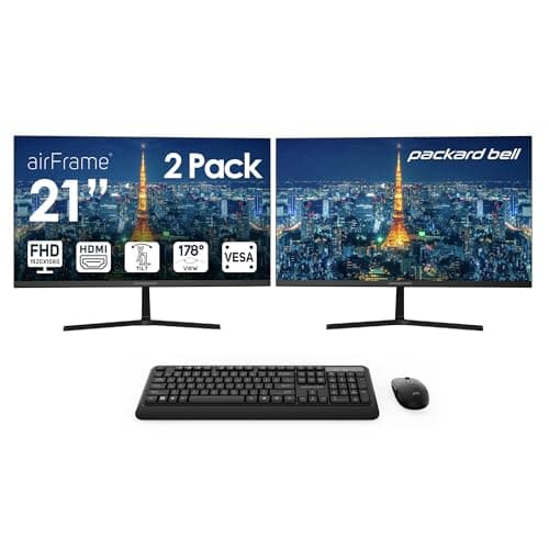 Packard Bell 21 Inch Monitor FHD 1920 x 1080 Computer Monitor, 75 Hertz, 5 MS, Dual Monitor, Wireless Keyboard and Wireless Mouse, VESA, VGA and HDMI Monitor, Basic Monitor and Gaming Monitor – 2 Pack