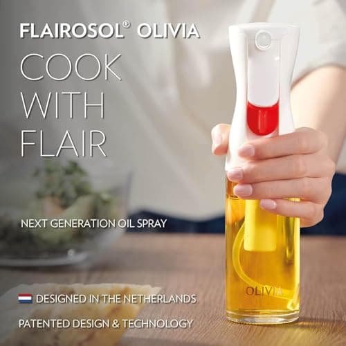 FLAIROSOL OLIVIA. The Original Advanced Oil Sprayer for Cooking, Salads, BBQs and More, Continuous Spray with Portion Control, Trusted by Chefs. Patented Technology. (Glass Bottle) (Gold Print) 9