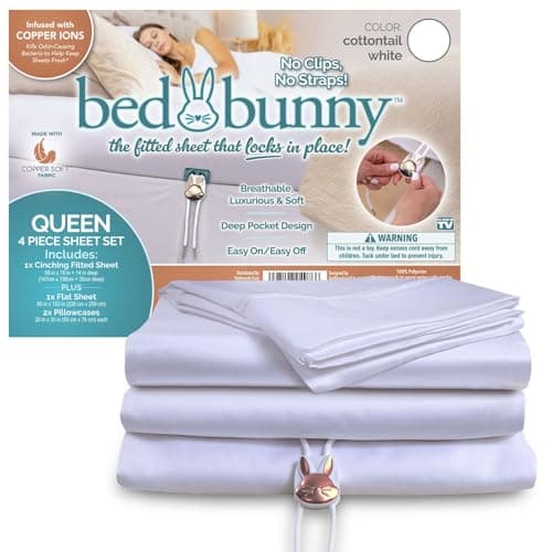 Bed Bunny Queen Locking Fitted Bed Sheet Set (4 Pcs), Stays On & Won’t Slip Off, Built-in StayFit Compression System Hugs Mattresses, AS SEEN ON TV Wrinkle & Stain Resistant CopperSoft™ Fabric (White)