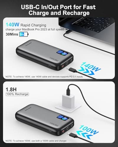 AsperX Laptop Power Bank, 25,000mAh 140W PD 3.1 Fast Charging Portable Charger, TFT Smart Display USB C Battery Pack(92.5Wh) for MacBook/iPhone 17/Dell XPS/Galaxy S25/Steam Deck/ipad (Flight-Approved) 5