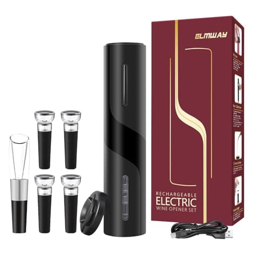 ELMWAY Electric Wine Opener Set by ELMWAY - Rechargeable Wine Bottle Opener & Corkscrew with Foil Cutter / 4 x Vacuum Stoppers/Premium Wine Aerator Pourer, Ideal Wine Gifts for Wine Lovers - Black