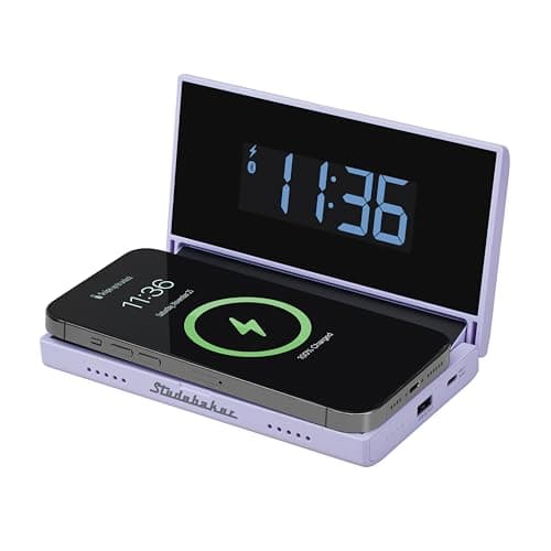 Studebaker Techmate All-in-One: Portable Travel Clock, Wireless & Wired Phone Charger, Bluetooth Speaker, and Power Bank (Lilac)