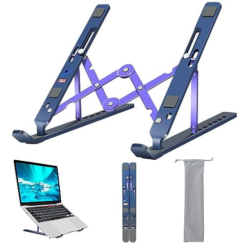 FOBELEC Laptop Stand, Computer Tablet Stand, Adjustable Aluminum Foldable Portable Laptop Holder Riser, Compatible with MacBook Air Pro, Lenovo, HP, Dell, More 10-15.6” Laptops and Tablets (Blue)