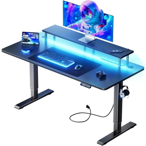 HLDIRECT Electric Standing Gaming Desk with LED Lights, 47 Inch Height Adjustable Gaming Table Sit Stand Computer Workstation with Power Outlet & Monitor Stand, Rising Desk for Home, Bedroom, Black