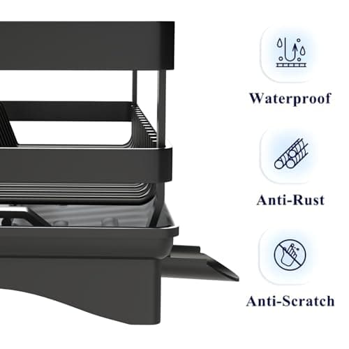 Yawinhe Dish Racks for Kitchen Counter, Space-Saving Drainers with Removable Utensil Holder, Drainboard and Spout, for Knives, Spoons, and Forks, Black 5
