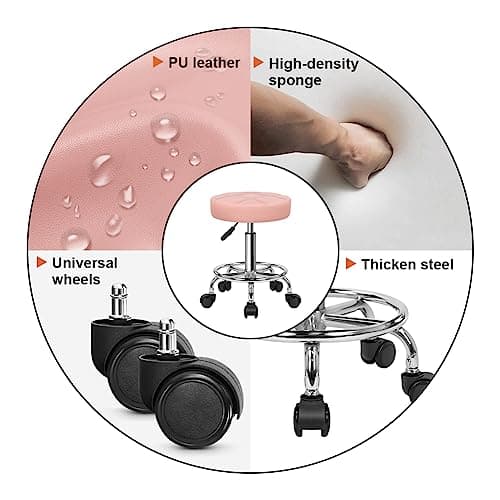 KKTONER Round Rolling Stool Chair PU Leather Height Adjustable Swivel Drafting Work SPA Shop Salon Stools with Wheels Office Chair Small (Pink) 5