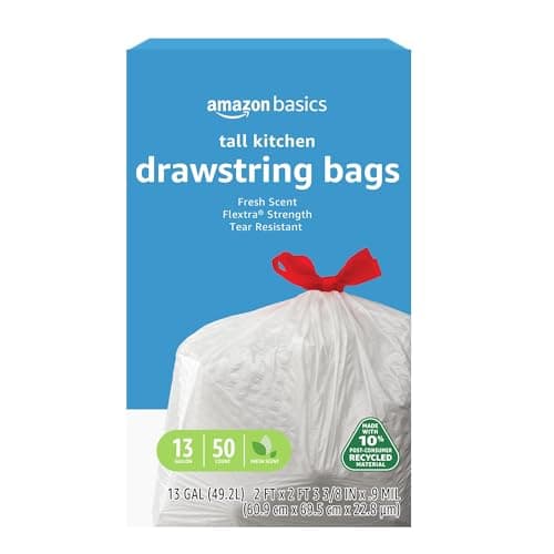 Amazon Basics 13 Gallon Tall Kitchen Drawstring Trash Bags, Flextra Strength, Clean Fresh Scent, Tear Resistant, 10% Post-Consumer Recycled Content, 50 Count