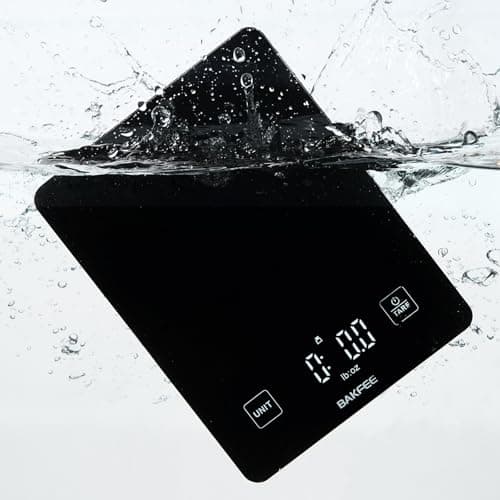 BAKFEE IP67 Waterproof Food Scale with Tempered Glass Surface, 22lb Kitchen Scale 1g Precision, USB Rechargeable, LED Display, Grams and Ounces, for Baking, Cooking, Making Sourdough Bread. Black