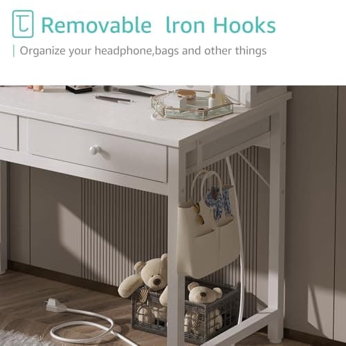 Lufeiya Small White Kids Desk with Fabric Drawers for Bedroom, 32 inch Vanity Makeup Desk with Drawers Storage for Home Office, Writing Study Table with Power Outlet & Monitor Stand, White 9