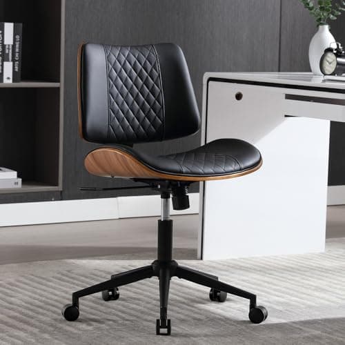 BERYTH Home Office Chair No Arms with Wheels, Adjustable Height Small Desk Chair, PU Leather Mid Back 360 Swivel Computer Chair, Armless Modern Walnut Chair for Office, Reading Meeting Room(Black)