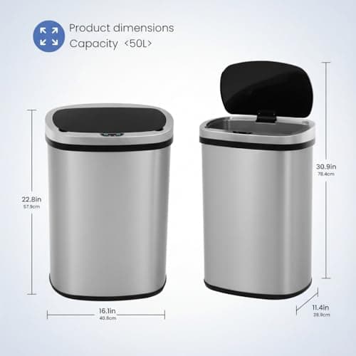 Bigacc 13 Gallon(50 L) Kitchen Trash Can with Touch-Free & Motion Sensor, Automatic Stainless-Steel Garbage Can, Anti-Fingerprint Mute Designed Trash Bin Brushed Stainless Steel 8