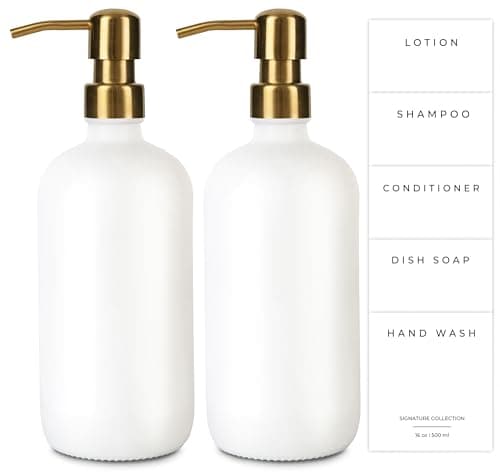 Emerson Essentials Soap Dispenser, Dish Bottle Dispenser for Kitchen, Farmhouse Hand Soap Dispenser, Kitchen Set, Glass Bottles with Pump and Labels | 16 Oz, 2-Pack