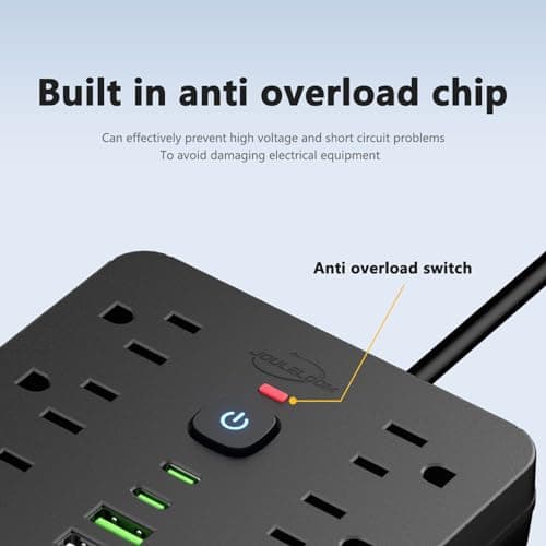 JouleLoom 6 FT Flat Plug Surge Protector Power Strip,11 Multiple AC Outlets with 6 USB Ports (2 USB C), 6 Feet Extension Cord, 1250W/10A, One Touch Switch Button, 17 in 1 Compact powerstrip 5