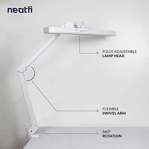 Neatfi XL 2,500 Lumens 30W LED Task Lamp for Manicure Table, Crafts, Workbench, Office - 22” Wide Shade Desk Light | Eye-Caring 6500K | 4-Level Brightness | Clamp Mount (Non-CCT, White) 5