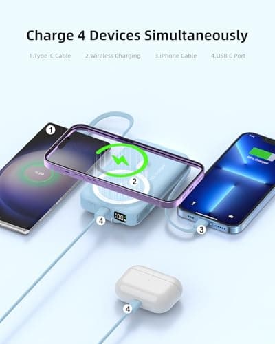 for Magsafe Portable Charger 10000mAh Wireless Magnetic Power Bank, 22.5W PD 3.0+QC 4.0 Fast Charging Battery Pack, Built-in Cables &AC Wall Plug &LED Display &Stand for iPhone 17/16/15/14/13 Series 6