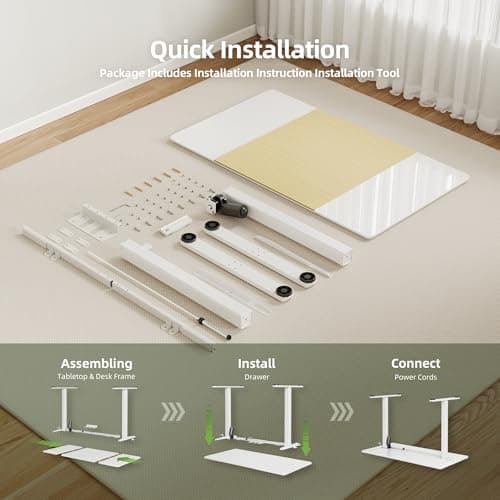INNOVAR Glass Standing Desk, 48 x 24 Inches Height-Adjustable Desk, Tempered Glass and Wooden Top, Quick Install Home Office Stand Up Desk with 4 Presets, White Glass and Natural Wood 8
