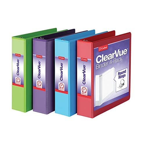 Cardinal 3 Ring Binders, Binders for School and Office, Durable 2 Inch Binder with Round Rings, Holds 475-Sheets, ClearVue Covers, Non-Stick, PVC-Free, Assorted Colors, 4 Pack (29311)
