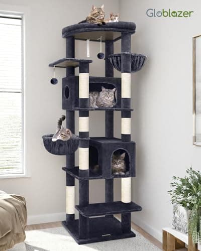 Globlazer Heavy Duty Cat Tree, 74in Sturdy Cat Tower for Large Cats Adult, Big Cat Tree with 7 Sisal Scratching Posts, 2 Padded Condos, 2 Dual-Ear Hanging Baskets, Enlarged Top Perch, S74, Dark Grey 7