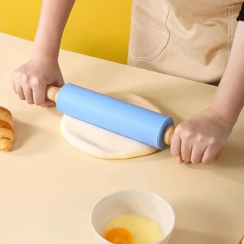 Silicone Rolling Pin with Wooden Handle - Non Stick Surface Dough Roller-roller pins for baking Pastry,Pizza,Fondant,Tortilla, Bread Crus& Christmas Cookies Supplies Gift for Home Bakers. 6