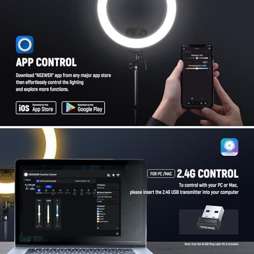 NEEWER 18 Inch Edge Lit Ring Light with Tripod Stand Phone Holder Compatible with iPhone for Video Recording Selfie Makeup Studio Streaming, 45W 2900-7000K APP 2.4G Control Ringlight Lighting, RL45B 6