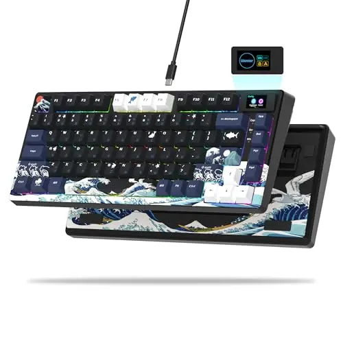 Womier SK80 75% Keyboard with Color Multimedia Display Mechanical Gaming Keyboard Creamy Sound, Wired Hot Swappable Gasket Mount RGB Custom Key Board, Pre-lubed Stabilizer for Mac/Win, Black Kanagawa