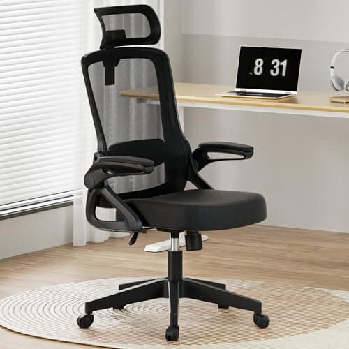 Ergonomic Office Chair, Adjustable Lumbar Support & Rotatable Headrest, 90° Flip-Up Armrests – Breathable Mesh Desk Chair with Thickened Cushion, 360 Swivel – Easy Assemble for Home/Gaming/Office