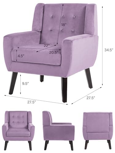 Accent Chair, Mid-Century Modern Velvet Fabric Chairs with Arms for Living Room, Comfy Upholstered Club Single Sofa Armchair for Bedroom Waiting Room with Solid Wood Frame (Velvet Purple, Set of 1) 2