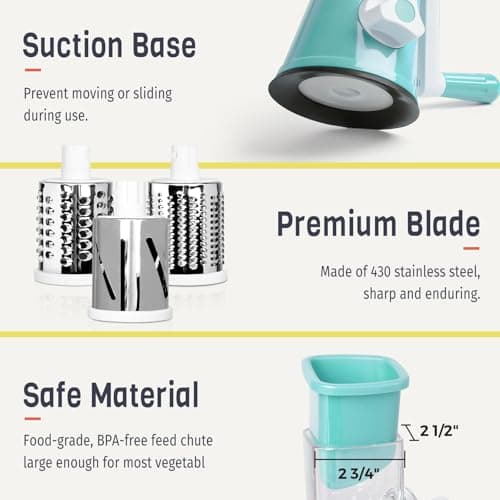 X Home Rotary Cheese Grater for Kitchen, Shredder with 3 Interchangeable Blades, Rotary Grater with Handle and Strong Suction Base, for Vegetables, Fruit, Nuts, Easy to Use and Clean, Blue 6