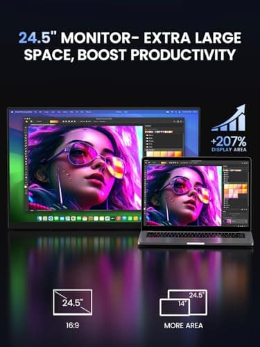 UPERFECT 24.5" 2K Portable Monitor, 165Hz Gaming Monitor, 1ms FreeSync HDR IPS Large Mobile Screen, Built-in 180° Adjustable Stand/VESA, USB-C HDMI Second Screen for Laptop, Phone, Game Console 2
