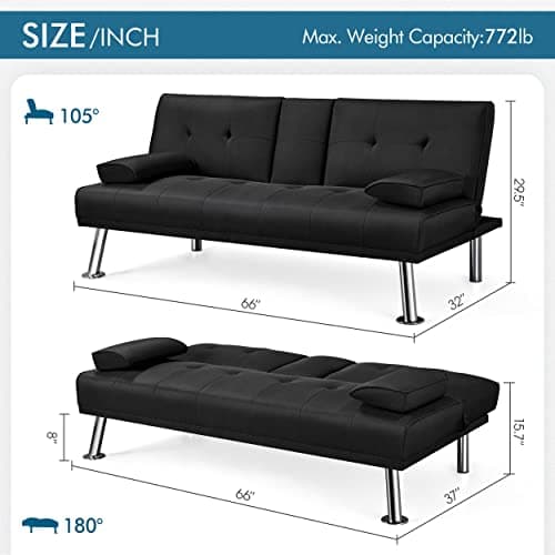 Yaheetech Linen Fabric Modern Sofa Bed Futon Couch Bed Folding Recliner Sleeper Reversible Loveseat Convertible Daybed, 2 Cup Holders, 3 Angles, 772lb Capacity, Removable Armrests, Black 3