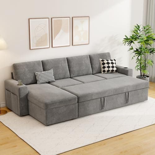 wanan 103" Sleeper Sofa, L-Shaped Sectional Sofa Bed with Storage Chaise, 4-Seater Reversible 2 in 1 Pull Out Couch with Cup Holders for Living Room, Grey