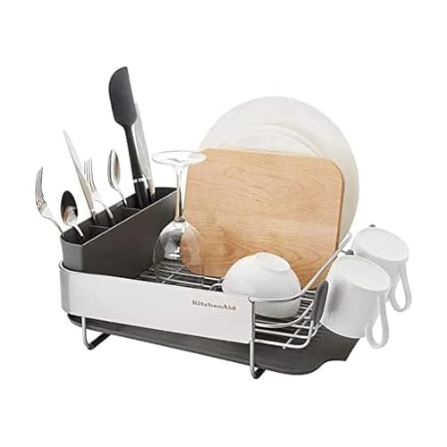 KitchenAid Compact, Space Saving Rust Resistant Dish Rack, with Angled Self Draining Drain Board and Removable Flatware Caddy, 16.06-Inch, Gray