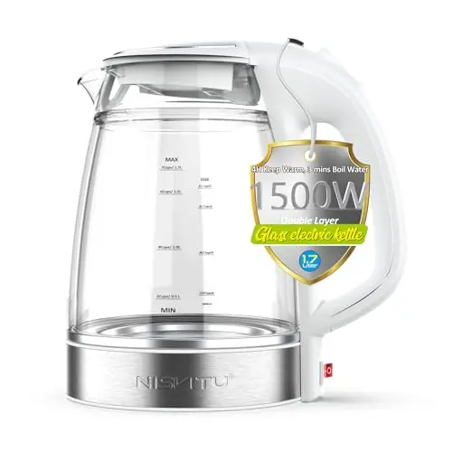 NISVITU Glass & Stainless Steel Cordless Electric kettle for boiling water, Hot water boiler Electric Tea Kettle automatic shut off Boil-Dry Protection, PC Outer + Glass Inner, 1500W, 1.7L, WH