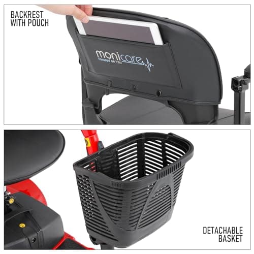 monicare 3-Wheel Folding Mobility Scooter for Adults 12-Mile Long Range Foldable Heavy-Duty Mobility Scooter for Seniors with Basket (Red) 12