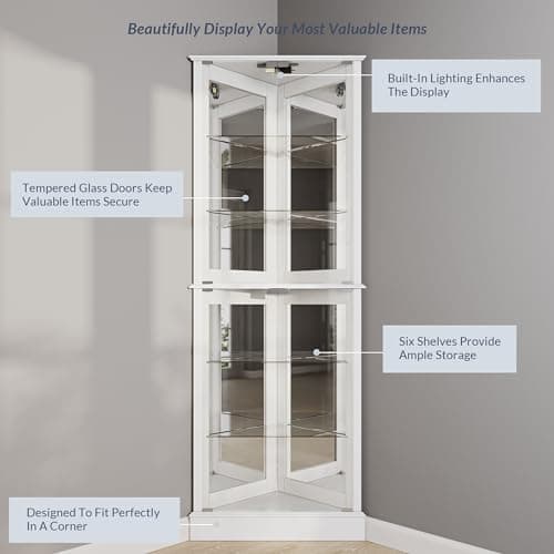 BELLEZE Lighted Accent Corner Display Curio Cabinet with Tempered Glass Doors and Shelves, Classic Wood Cabinet w/Bulb, Corner Curio Storage Rack for Living Room, Bed-Room and Kitchen (White) 6