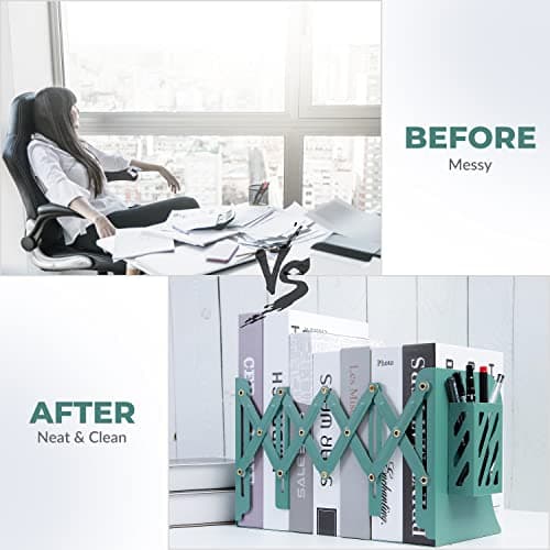 Auxu Adjustable Desk Storage Bookends with Pen Stand Holder – 2-in-1 Bookend and Pen Stand – Telescopic Design – Expands Up to 20” – Multipurpose and Versatile – Desktop Accessory 6