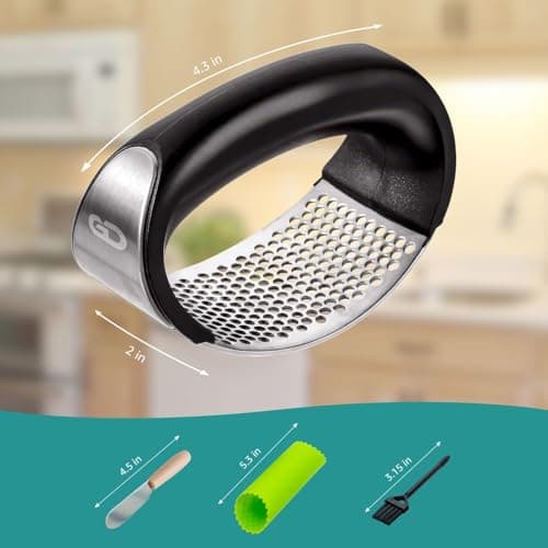 Garlic press rocker, crusher, mincer tool stainless steel with a Garlic Peeler, spatula, and Brush extract more Garlic Paste. The Garlic Mincer Tool Squeezes, Extracts, Crushes 6