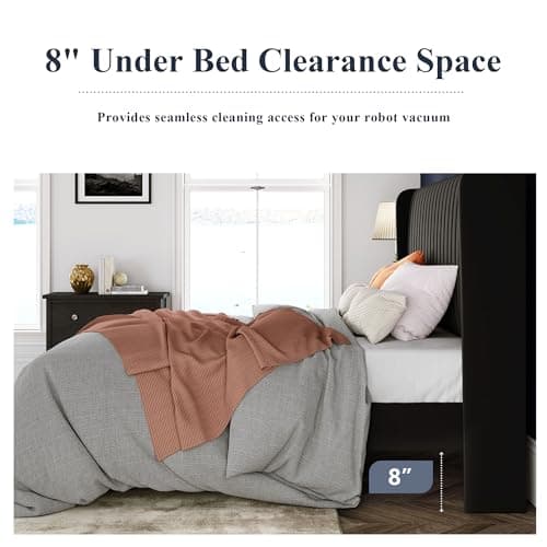 Allewie Queen Size Velvet Bed Frame/Vertical Channel Tufted Wingback Headboard/Upholstered Platform Bed/Strong Wooden Slats/No Box Spring Needed/Easy Assembly/Black 7