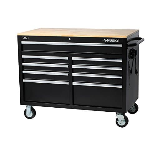 HuskyTools Workbench, Extra Deep 46 in. 9-Drawer Mobile, Wood, Black, 200 lb Load Capacity