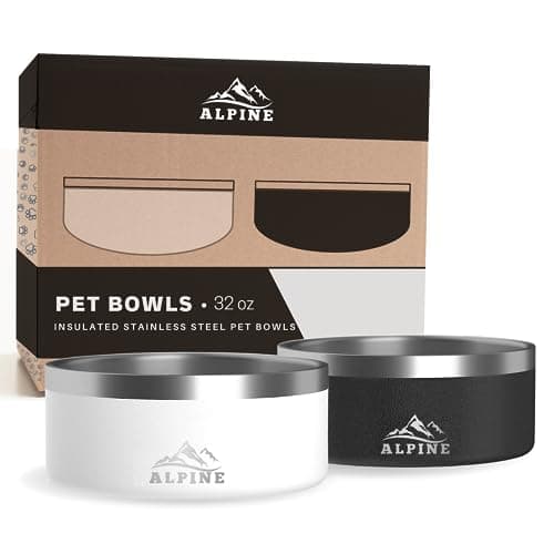Alpine Set of 2 Stainless Steel Dog Bowls, Non Slip, Metal Pet Bowl for Food and Water, Double Walled Insulated, Rustproof, Dishwasher Safe- 32 Ounces - Black/White (AB)