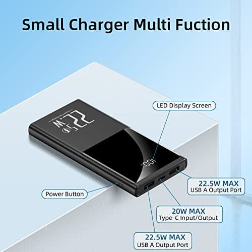 JONKUU Portable Charger 10000mAh, Power Bank 22.5W Fast Charge, Slim Battery Backup with USB C in/Out, LCD Display External Battery Pack for iPhone 16 15 14 13 12, Samsung, Google, Android etc 3