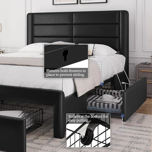 Yaheetech Queen Size Bed Frame Platform with 2 USB Charging Station/Port for Type A&Type C/3 Storage Drawers, Leather Upholstered with Headboard/Solid Wood Slat Support/No Box Spring Needed/Black 7