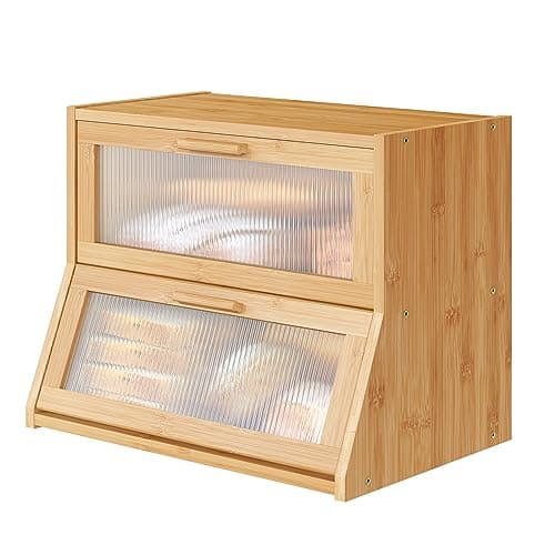 Vriccc Bread Box for Kitchen Counter, Large Bamboo Wooden Double Layer Large Capacity Bread Storage Bin with Acrylic Wavy Door Panel (Natural)