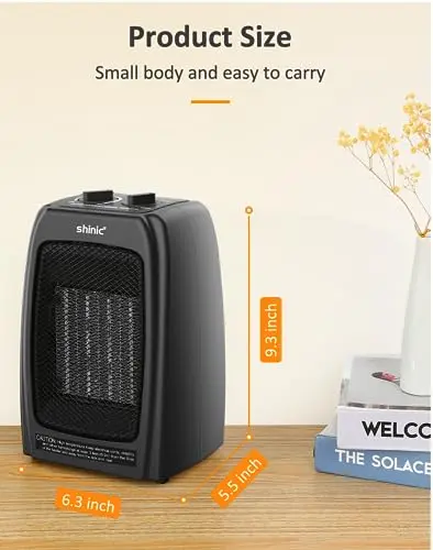 shinic Space Heater for Indoor Use, 1500W/900W Ceramic Space Heater, 1s Fast Heat, Overheat and Tipover Protection, Portable Electric Heater, Quiet Office Small Room Desk Heater, Black 6