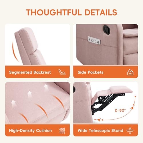 Ketaiyou Rocker Swivel Recliner Chair for Adults, Overstuffed Large Manual Recliner Glider with Massage and Heat, Comfy Soft Fabric Living Room Reclining Sofa Chair (Pink) 7