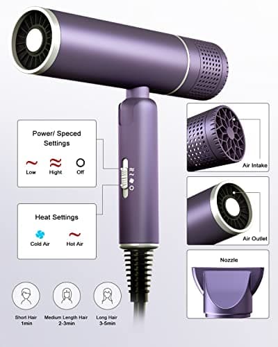 7MAGIC Foldable Hair Dryer, Powerful Ionic Blow Dryer for Fast Drying, Travel Hair Blow Dryer with Storage Bag, Lightweight Portable Hairdryer for Women, Cold/2 Heating/2 Speed Settings, Purple 6