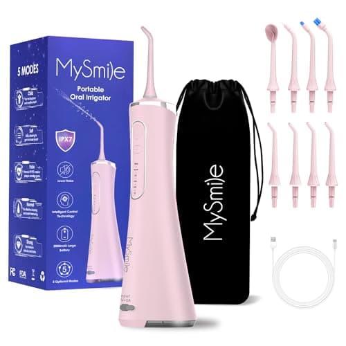 MySmile LP211 Cordless Water Flossers, Portable Rechargeable Oral Irrigator for Teeth Cleaning, 5 Cleaning Modes, IPX7 Waterproof, 8 Replacement Tips and a Storage Pouch (Pink)