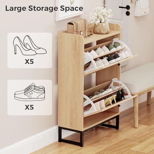 KFO Shoe Cabinet with 2 Handmade Natural Rattan Flip Drawers, Entryway Shoe Rack Storage Organizer for Sneakers, Leather Shoes, Slippers, Free Standing Shoe Racks…… 5
