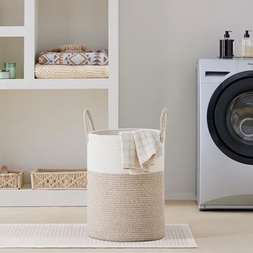 VIPOSCO Large Laundry Hamper, Tall Woven Rope Storage Basket for Blanket, Toys, Dirty Clothes in Living Room, Bathroom, Bedroom - 58L White & Brown 7