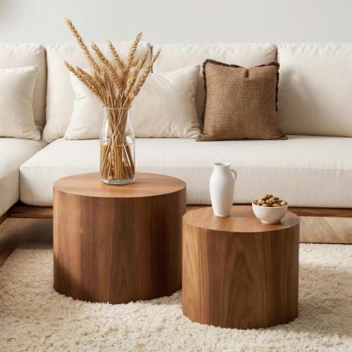 Nesting Coffee Table Set of 2, Modern Round Coffee Table with Non-Slip Feet, Walnut Wooden Circle Accent Tables for Small Spaces Living Room Bedroom Balcony Office Drum Side Table (Walnut)
